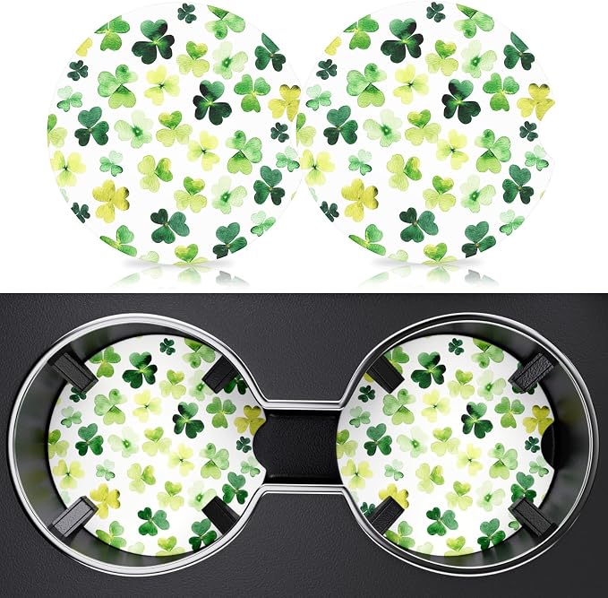 2 Pack Car Cup Holder Coaster, 2.63 inch Anti Slip Insert Absorbent Ceramic Car Coaster with Cork Base and Finger Notch, Cute Car Accessories Interior for Women, Cute Car Coasters., Clover