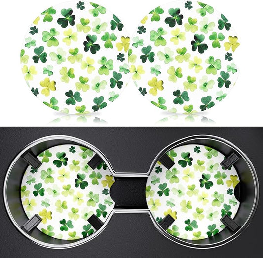 2 Pack Car Cup Holder Coaster, 2.63 inch Anti Slip Insert Absorbent Ceramic Car Coaster with Cork Base and Finger Notch, Cute Car Accessories Interior for Women, Cute Car Coasters., Clover