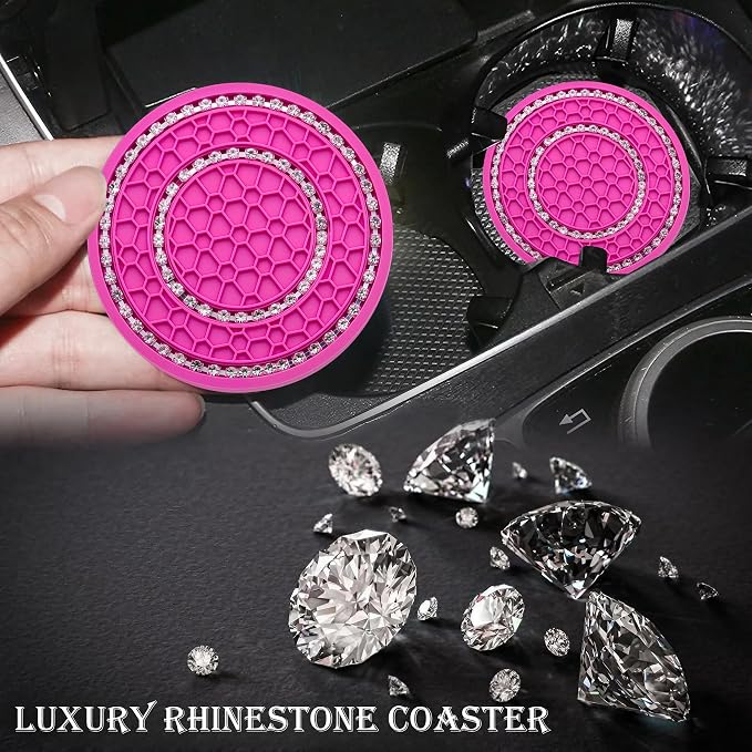 4PCS Bling Crystal Rhinestone Cup Holder Coaster, 2.75 inch Soft Silicone Anti-Slip Shockproof, Car Cup Holder Insert Coasters, Universal Car Interior Accessories for Women (Rose Red & White)