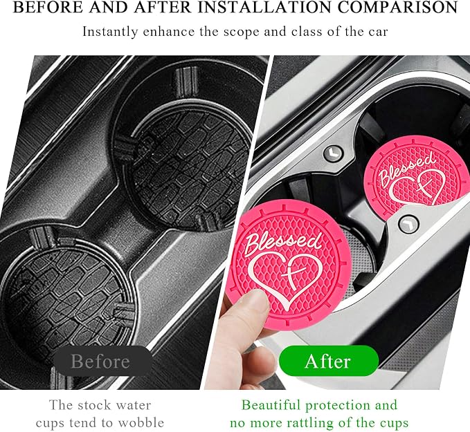 KVAEY 2 PCS Car Cup Holder Coasters, 2.76 Inch Anti Slip Vehicle Drink Mats with Cute Blessed Cross and Heart, Shockproof, Universal Car Accessories (Rose Red, 4 PCS)