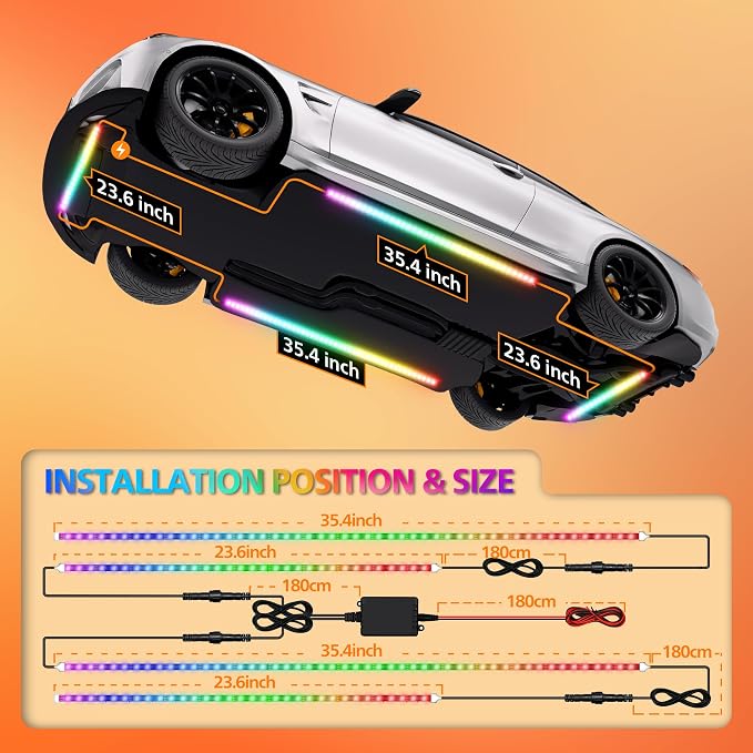 Underglow LED Light Kit 180 RGBI DIY Neon Strip for Car Truck | Underbody Exterior Accent Lighting with 16 Million Colors Music Sync Mode, for RV, SUV, Boat, Vans, 12V DC, IP65 Waterproof