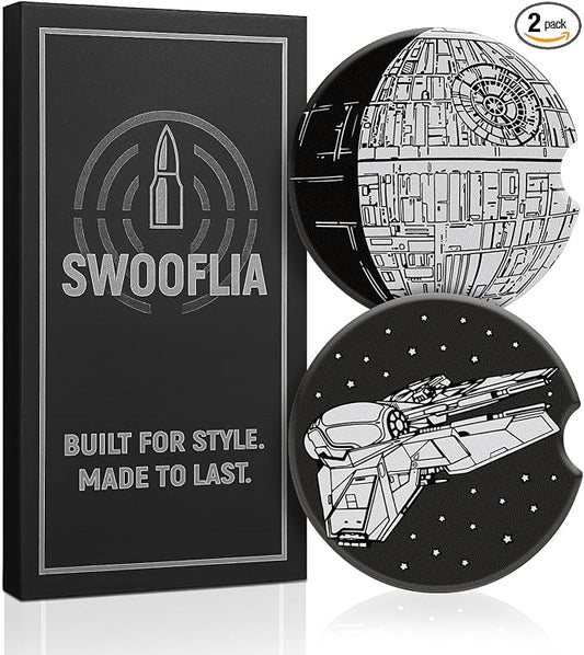 Swooflia Car Coasters for Men - Spaceship Ceramic Car Cupholder Coaster Cool Absorbent Mat Coaster with Cork Base 2 Pack Automotive Cup Holder Accessories New Driver Gifts