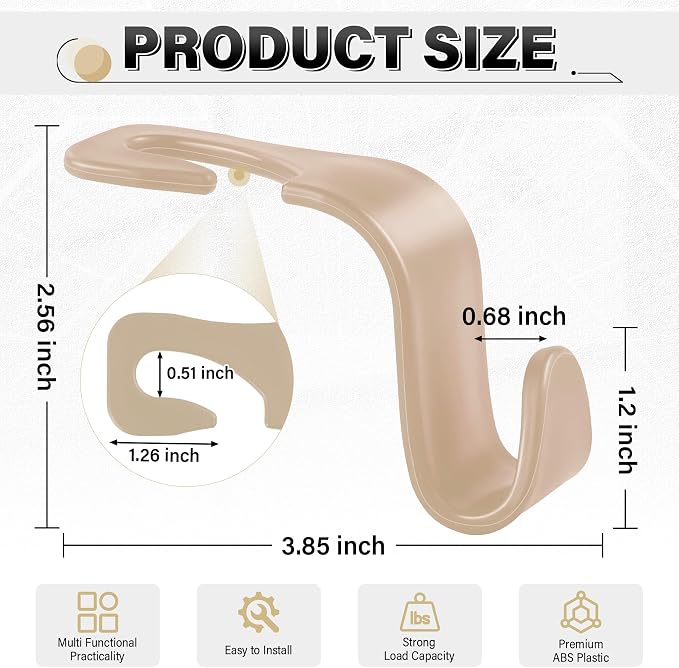 SINGARO 4 Pack Car Seat Headrest Hooks, Vehicle Back Seat Hanger Storage Organizer for Purse Handbag Backpack Coat Grocery, 360° Rotating Heavy Duty Holds 44lbs, Beige