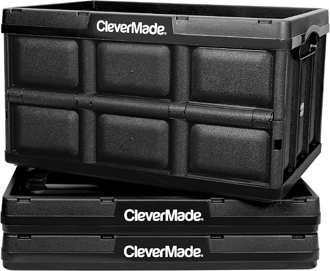 CleverMade Collapsible Plastic Storage Bins, 46L 3 Pack, Stacking, Obsidian | Built-in handles simplify garage, car and household organization, while the roomy open-top keeps bulky supplies accessible