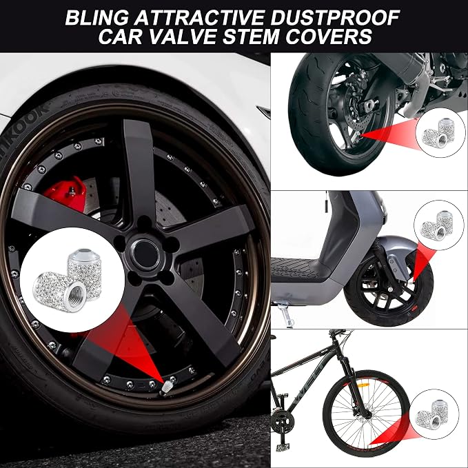 Alpmosn Car Wheel Tire Valve Caps, 4 PCS Bling Tire Valve Caps, Crystal Tire Caps Shinny Rhinestone for Women, Universal Car Dustproof Tire Valve Caps for Cars, Trucks, SUV and Motorcycles (White)