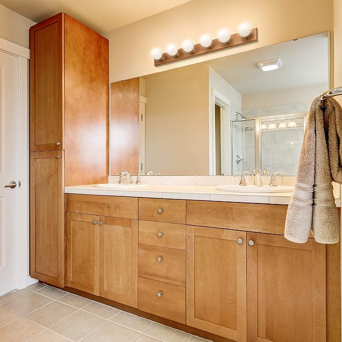 Design House Bathroom Vanity Light Fixtures Over Mirror, 6-Light Vanity Lights for Bathroom, Dimmable Wall Mount Lighting, Horizontal or Vertical Installation, Honey Oak, 36-Inch, 500223
