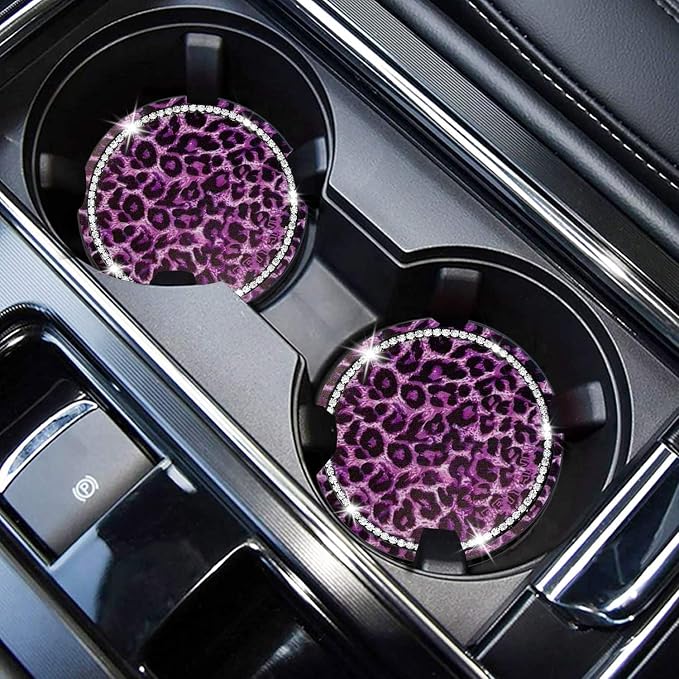 Car Cup Holder Coaster, 2PCS Silicone Car Cup Holder Insert Leopard Print, 2.75" Universal Non-Slip Cup Holders, Interior Car Accessories for Women and Man (Purple)