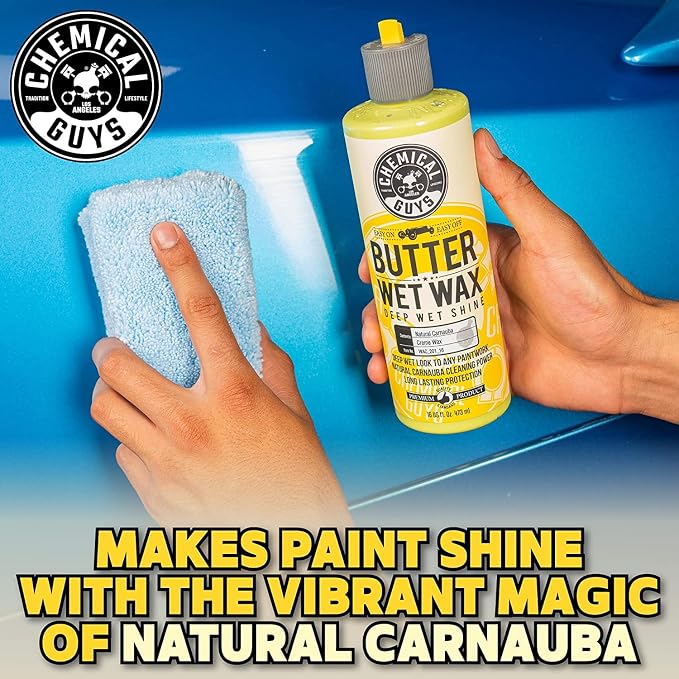 Chemical Guys, Butter Wet Wax, Deep Wet Shine Liquid Car Wax, Banana, 16 oz | Spreadable liquid wax adds a deep wet gloss on any paint color, wipes on and off easily, sweet banana scent