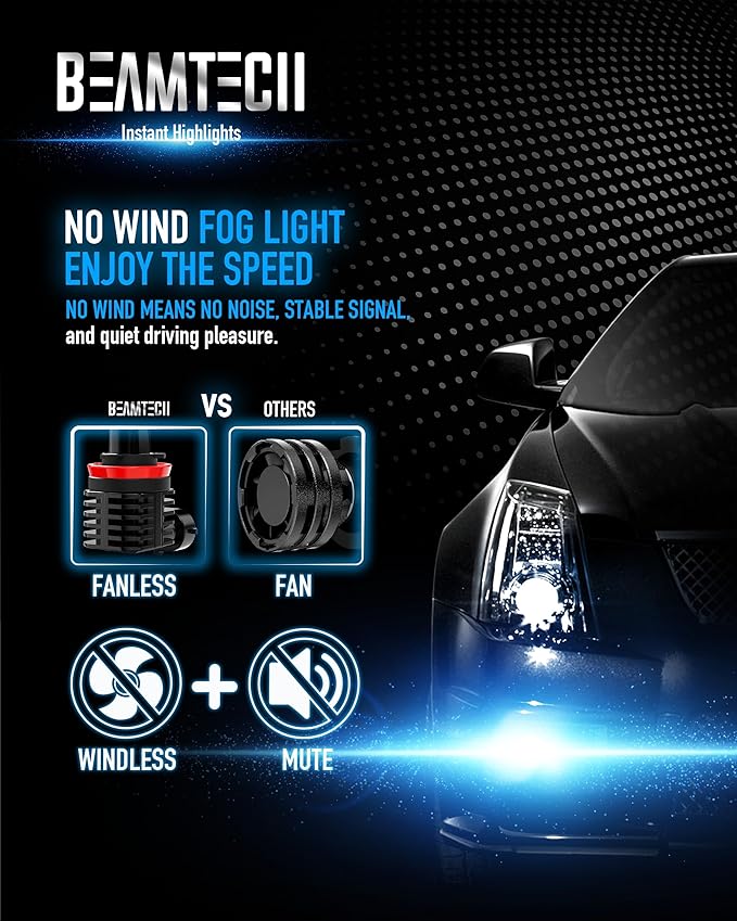 BEAMTECH 9005 H11 Bulbs, Fanless In Line HB3 H8 H9 Fog Light, Pack of 4 | 1 Pair 9005+1 Pair H11, Windless, Directly Insert, 1:1 Size, 50,000hrs+ Lifespan