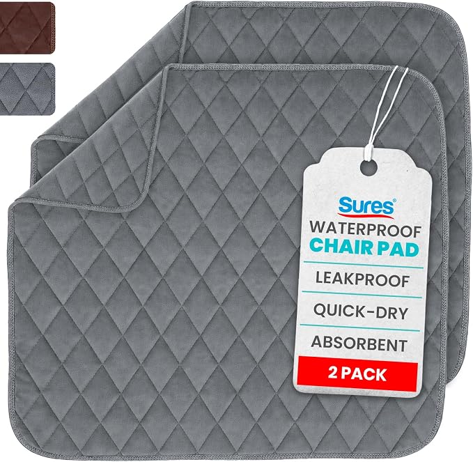 Sures Waterproof Chair Pads for Incontinence (22" x 21") - Washable, Waterproof Seat Protector - Chair Protector Seat Cover - Absorbent Pad for Bed, Seat, Car, Wheelchair & Recliner (Gray, 2 Pack)