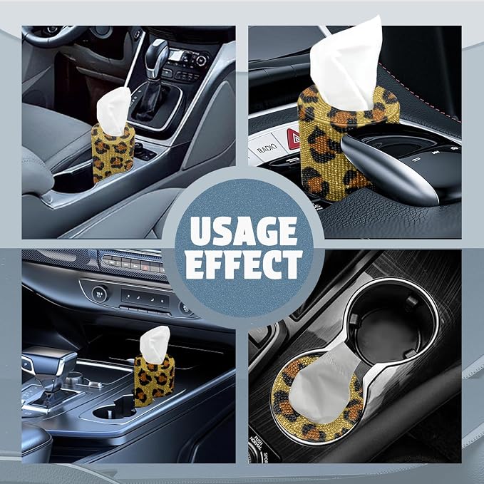Bling Car Tissue Holder for Cup Holder – Sparkly Rhinestone Round Tissue Dispenser with 1 Pack Tissues – Fits Standard Auto Cup Holders – Stylish Car Interior Accessory for Women(Leopard Print)