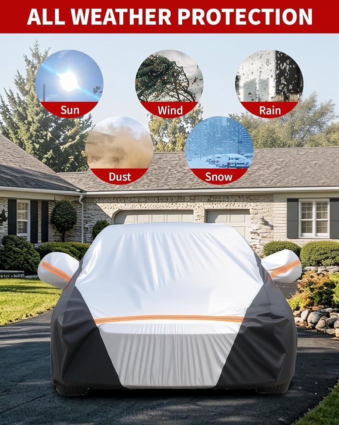 Car Cover Waterproof All Weather,6 Layers Car Covers for Automobiles, Full Exterior Cover with Zipper, Outdoor Car Cover Sun UV Rain Snow Wind Protection, Fit for 185"(185 * 70 * 59 inch) Sedan