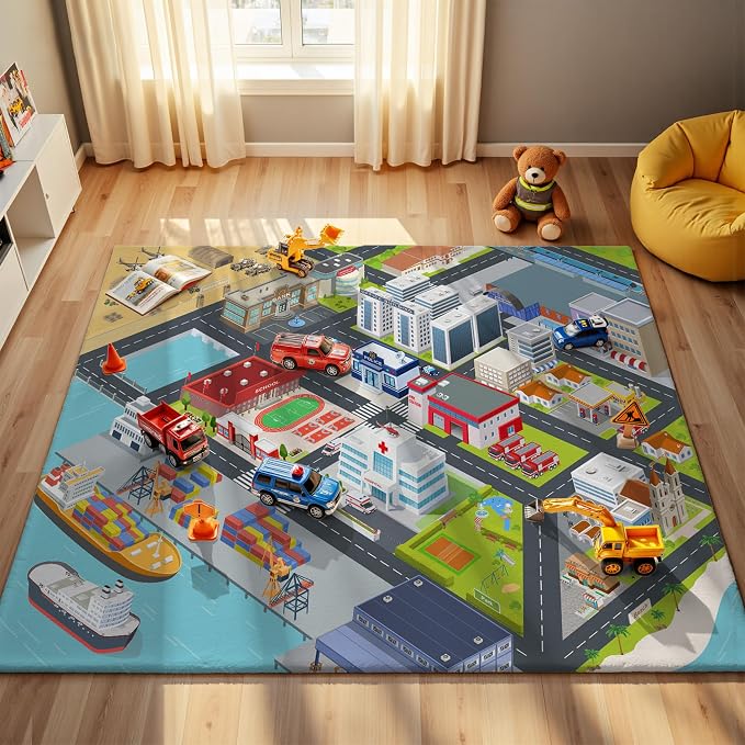 Nayoroom Kids Harbor City Road Rug, Faux Wool Car Map, Non-Slip, 5 x 7 ft | Harbor city road map; Waterfront scenes; Soft faux wool surface; Non-slip backing; Easy-care room accent