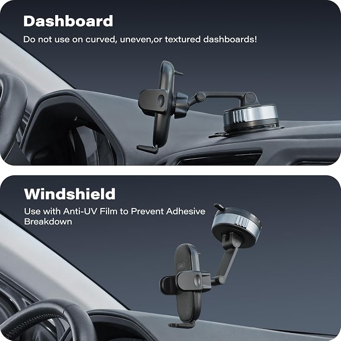 APPS2Car Car Phone Mount for Dashboard & Windshield, Strong Suction Cup Cell Phone Holder with One-Touch Release, 360°Rotation & Dual-Axis Arm, Hands-Free Car Phone Holder for iPhone, Samsung & More