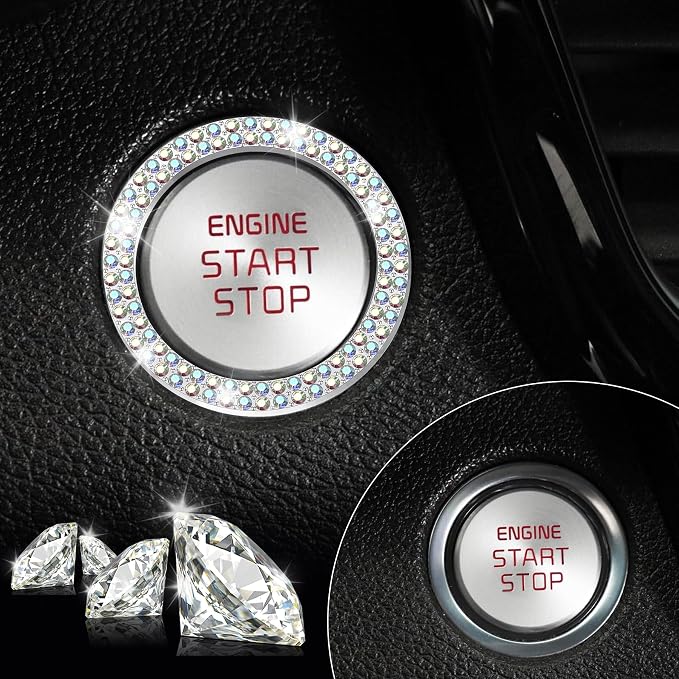 LivTee Car Engine Start Stop Decoration Ring, Crystal Double Rhinestone, Bling Car Interior Accessories for Women, Key Ignition & Knob Bling Ring, Push to Start Button Cover/Sticker, Colorful