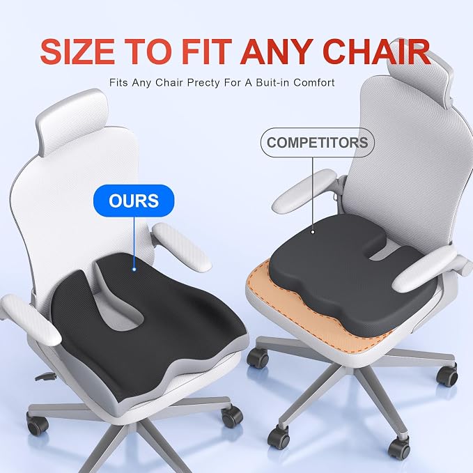 Benazcap XL Ergonomic Seat Cushion Relieves Sciatica & Tailbone Pain | Memory Foam cushion, washable cover & anti-slip base, long-sitting pad for office, gaming and car seats Black & Grey