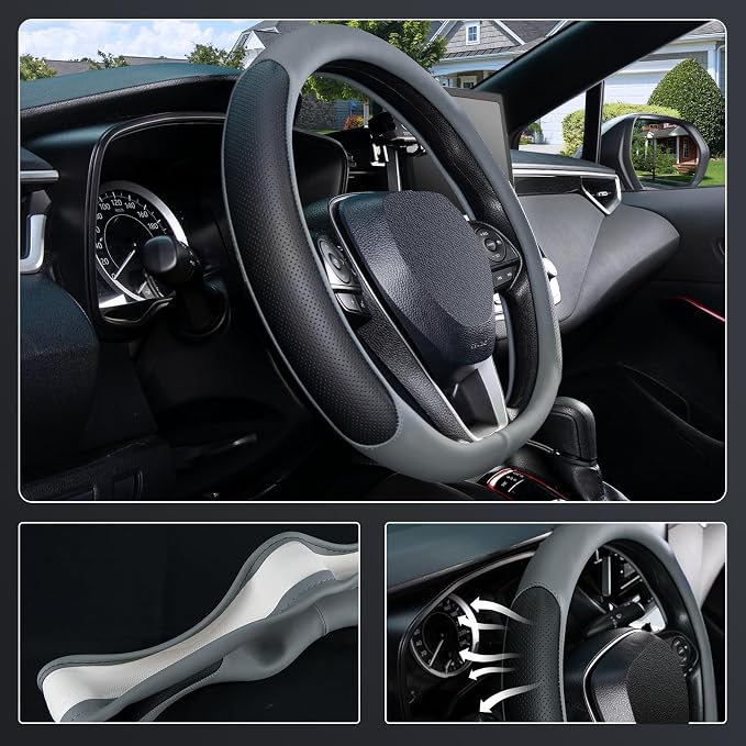SEG Direct D Shaped Steering Wheel Cover for 14.5-15 inch Flat Bottom Wheels, Breathable Perforated Microfiber Leather, Anti-Slip Grip, Universal Fit for Cars & SUVs, Black and Gray