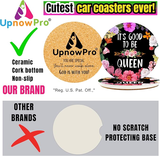 Funny Car Coasters for Cup Holders - 2 Pack Cute Flower Car Accessories for Women, Funny Sayings Floral Stuff Decor, Absorbent Ceramic Cup Holder Coaster for Car to Keep Clean, Gag White Elephant Gift