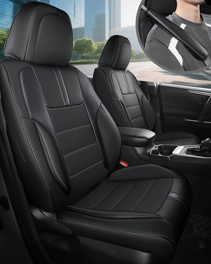 FREESOO Universal Full Seat Covers, Waterproof Faux Leather Automotive Seat Covers with Carbon Fiber Texture Seat Belt Pads, Anti-Slip Airbag Compatible Car Seat Covers for Cars SUVs Trucks