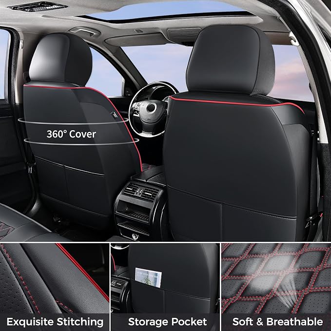 Huidasource Wrangler JL Seat Covers 4 Door, Waterproof Leather Seat Covers Full Set for Jeep Wrangler JL 4-Door 2018-2026 with Rear Cupholder, Custom Fit Seat Cushion Covers (Full Set/Black&Red)