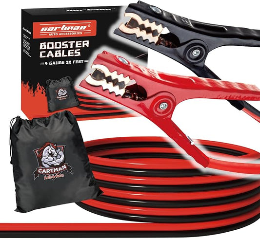 Cartman 4 Gauge 20 ft Heavy Duty Jumper Cables with Carry Bag | Rubber-Insulated Clamps, High-Density CCA Conductors, Cold-Resistant Cable Jacket