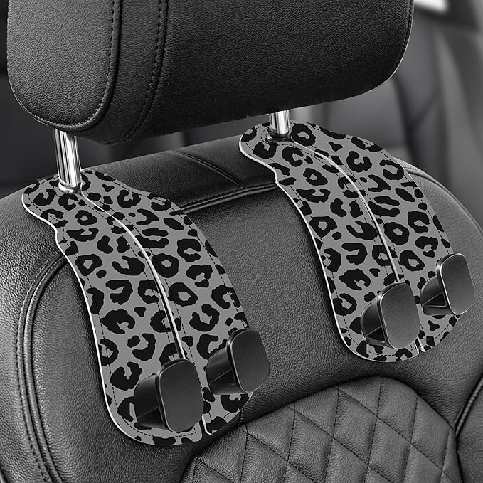 WOCOCN Purse Holder for Car, 2 Pack Heavy Duty Purse Hanger for Car, PU Leather Car Seat Hooks for Purses and Bags, Cute Leopard Print Headrest Organizer for Handbags & Backpacks