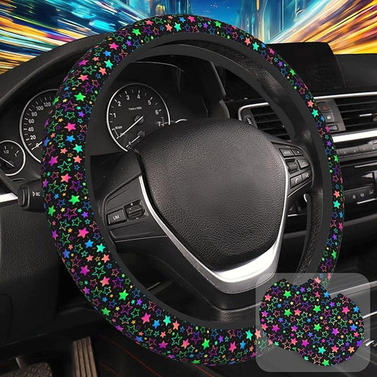 Colorful Stars Steering Wheel Cover for Women, Anti-Slip Car Steering Wheel Cover with 2 Pcs Cup Holders Neoprene Breathable Car Accessories Universal 15 Inch Auto Interior Decor