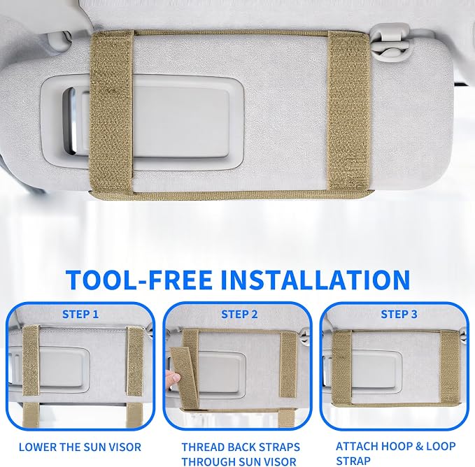 Car Sun Visor Organizer with 2 USA Flag Patches, 1000D Heavy Duty Polyester, Large Capacity MOLLE Panel, Zipper Storage, Fits Cars, SUVs, Trucks, Duty Gear & Overlanding (Khaki)