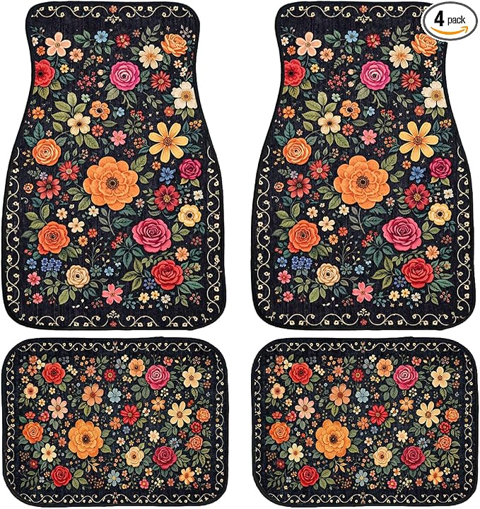 Flower Car Floor Mats Daisy Blue Butterfly Rustic Wooden Carpet Front Rear Carpets Mat Decorative Car Floor Carpets Non-Slip Auto Car Accessories Universal Fit for Car SUV Truck Van