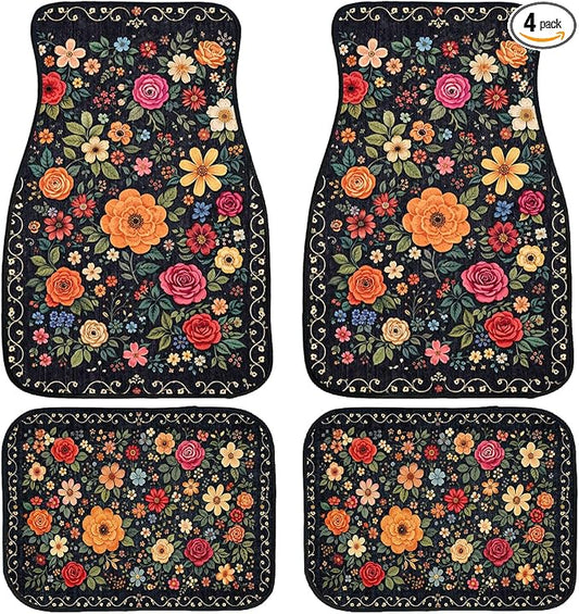 Flower Car Floor Mats Daisy Blue Butterfly Rustic Wooden Carpet Front Rear Carpets Mat Decorative Car Floor Carpets Non-Slip Auto Car Accessories Universal Fit for Car SUV Truck Van