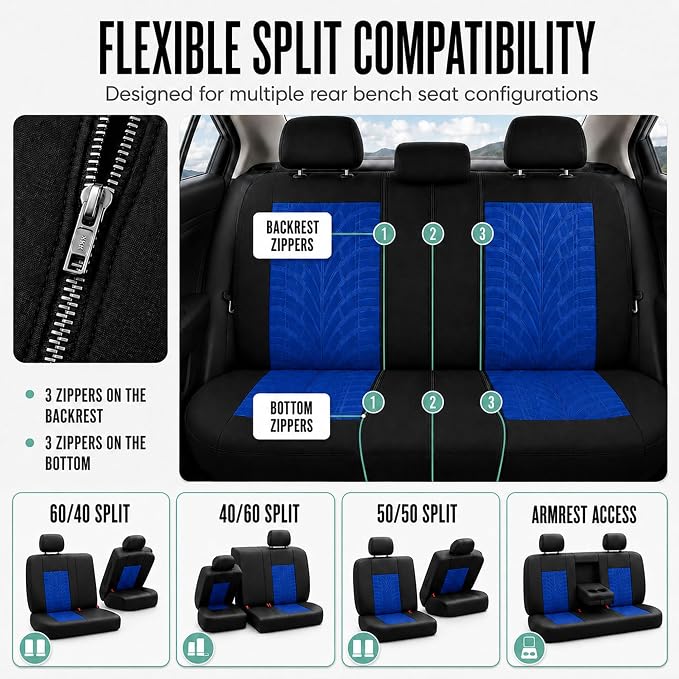 FH Group Rear Set Travel Master Car Seat Covers - Universal Fit, Split Bench Rear Seat, Washable, for SUV, Sedan, Blue