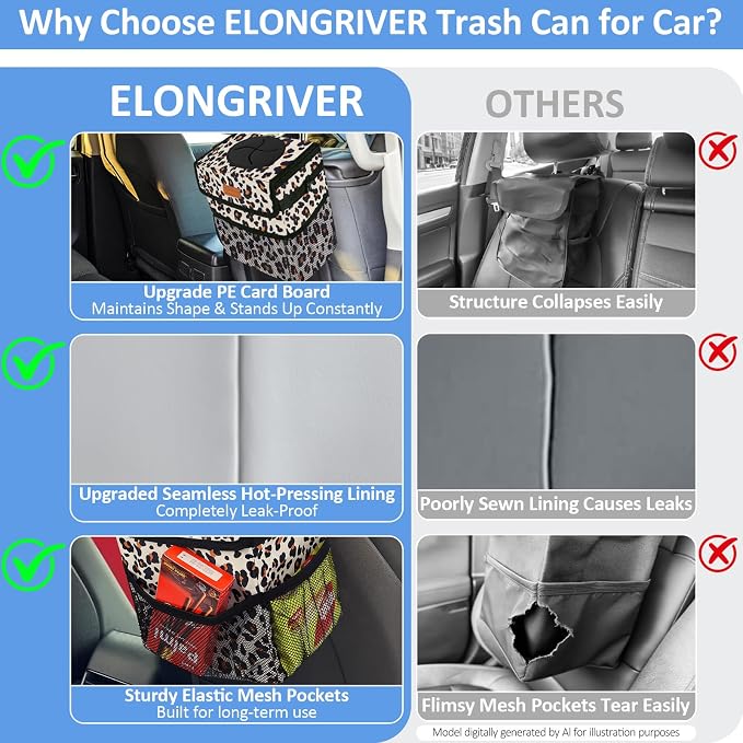 ELONGRIVER Car Trash Can Bin for Back Seat Leak Proof, Cute Car Trash Bag Hanging, Vehicle Trash Can for SUV Truck Van, Automotive Garbage Cans Front Seat Leopard Print