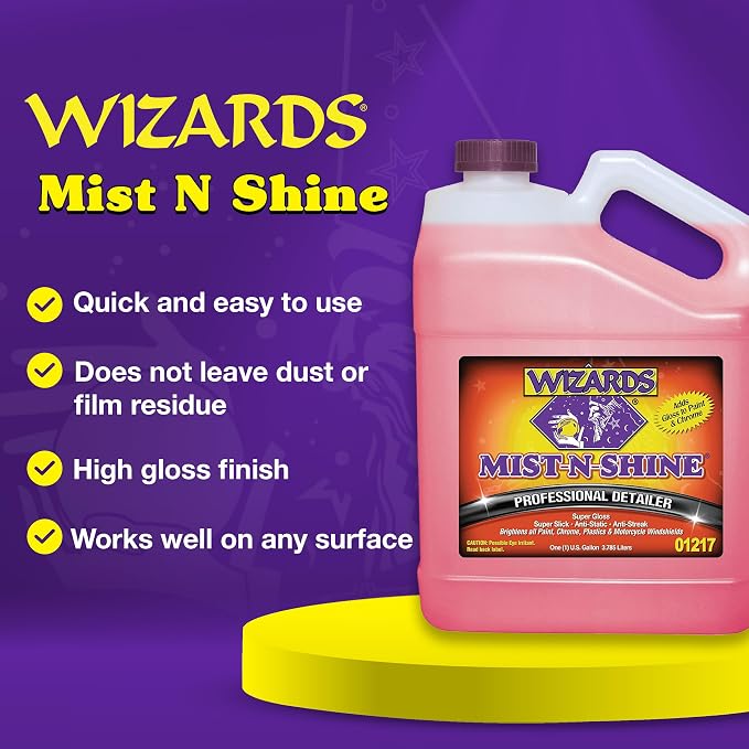 Wizards Mist-N-Shine Quick Detailer Spray - Waterless Wash - 1 Gallon | Anti-Static Formula for Paint, Chrome, Glass, Plastic, and Rubber Trim, Wax-Free, No Petroleum Solvents, Cars, Bikes, Boats