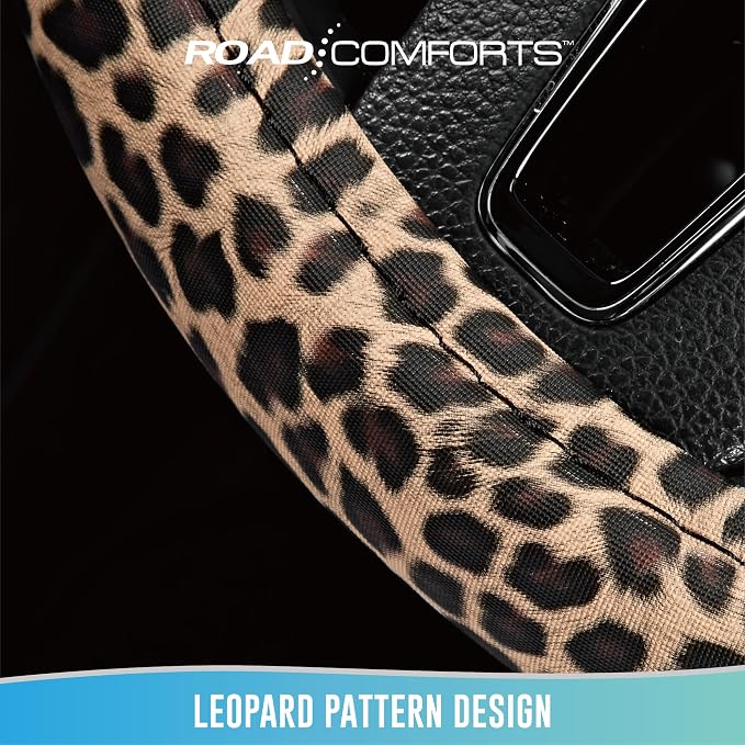 Road Comforts Leopard Steering Wheel Cover for Women, Cute Anti-Slip Microfiber Leather, Universal Fit 14.5-15 Inch Round Steering Wheel - Brown