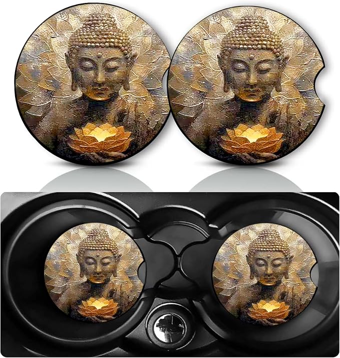 2 Pack Buddha Car Cup Holder Coasters Neoprene Anti Slip Rubber Mat | Car Accessories Interior Decor 2.75" Universal Size Insert Auto Coasters Featuring Buddhist Designs Gifts for Women Men