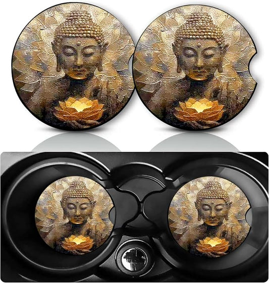 2 Pack Buddha Car Cup Holder Coasters Neoprene Anti Slip Rubber Mat | Car Accessories Interior Decor 2.75" Universal Size Insert Auto Coasters Featuring Buddhist Designs Gifts for Women Men