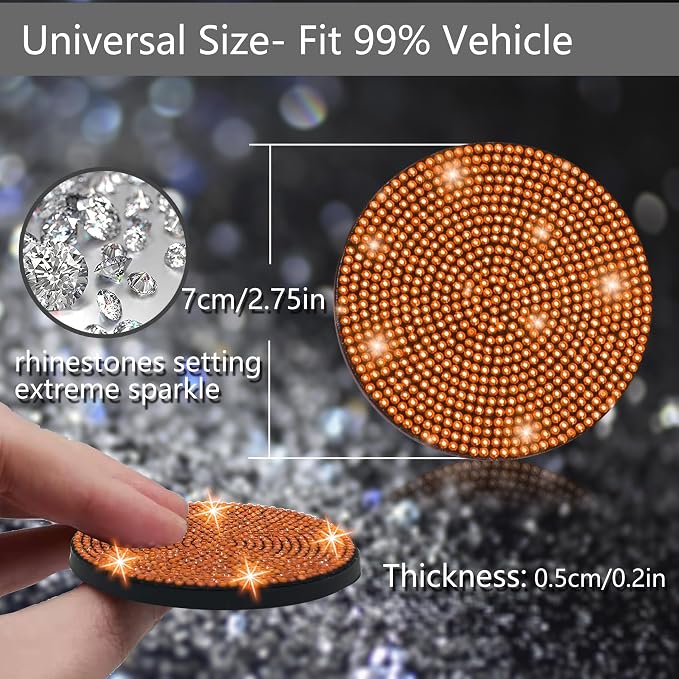 NBTEPEM 2pcs Bling Car Cup Holder Coaster, 2.75 inch Anti-Slip Shockproof Universal Fashion Car Coasters Insert Bling Crystal Rhinestone Automotive Interior Accessories for Women (2 pcs, Orange)