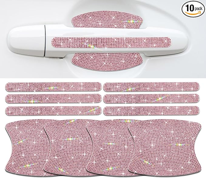 10PCS Car Door Handle Bling Rhinestones Stickers, Pink | Universal Auto Door Handle Safety Reflective Strips, Cute Things for Girl's Car