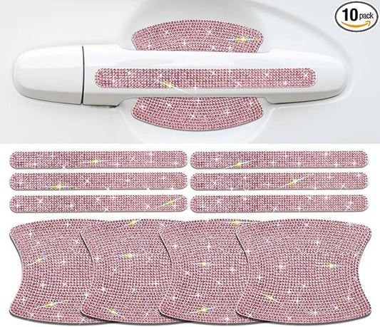 10PCS Car Door Handle Bling Rhinestones Stickers, Pink | Universal Auto Door Handle Safety Reflective Strips, Cute Things for Girl's Car