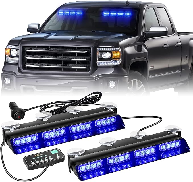 XRIDONSEN 2x 14 inch Blue Emergency Lights 32 LED Dash Strobe Lights | Interior Safety Flashing Warning Hazard Caution Front/Rear Windshield Light Bar w/ Controller for Vehicles Trucks Car