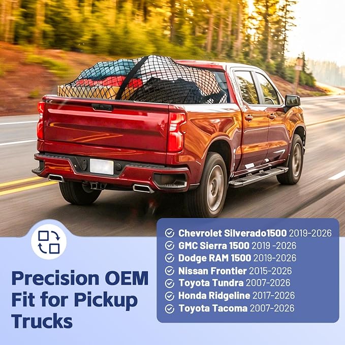Cargo Net for Silverado/Sierra/Ram 1500, Frontier, Ridgeline, Tacoma/Tundra | Heavy Duty Truck Bed Organizer, Highly Elastic Tailgate Net with Carabiners, Weatherproof Mesh Cover with Attached Zipper Bag