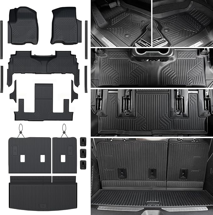 Floor Mats Set for 2021-2025 2026 Chevrolet Chevy Tahoe/GMC Yukon/Cadillac Escalade 7 Seat Bucket Seat Accessories, All Weather TPE Cargo Mat Liner Backrest Mat Door Sill Protectors
