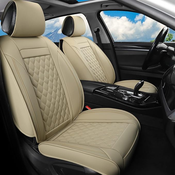 Car Seat Covers Front Pair,Universal Fit for Most Cars,SUV,Sedans and Pick-up Trucks,Automotive Faux Leather Vehicle Cushion Covers(Front Pair,Beige)