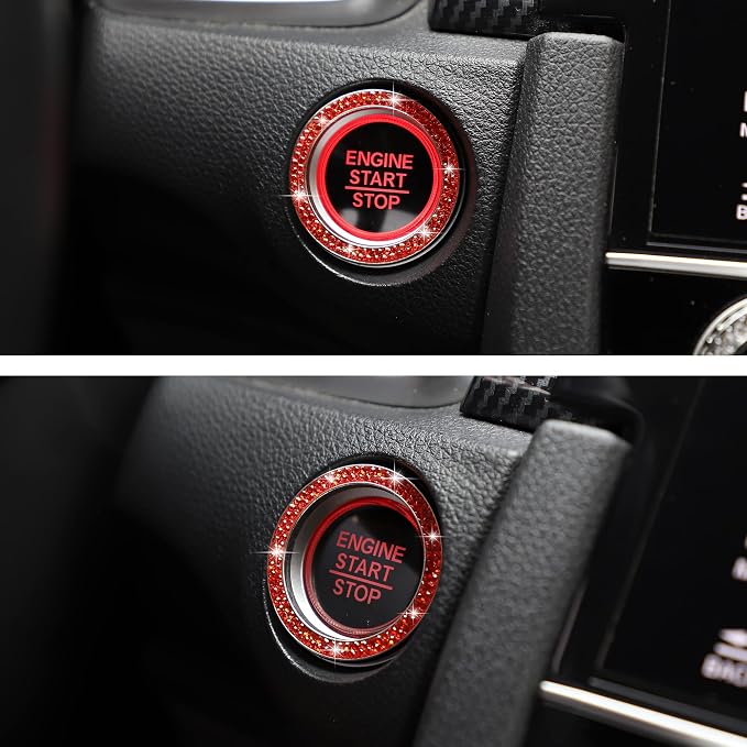 WINKA 2pcs Bling Car Engine Start Button Cover Diamond Crystal Push Start Stop Button Ring Sparkly Bling Ignition Button Cover Rhinestone Keyless Ignition Ring Universal Car Accessories (Navy Orange)