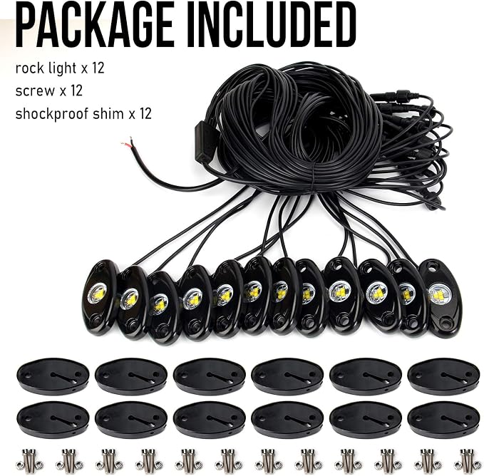 OPP ULITE White LED Rock Lights Kit, 12 Pods Underglow for Jeep Offroad Truck Car ATV SUV Boat Motorcycle Vehicle Under Body Glow Lamp Trail Fender Lighting (12pods Rock W)