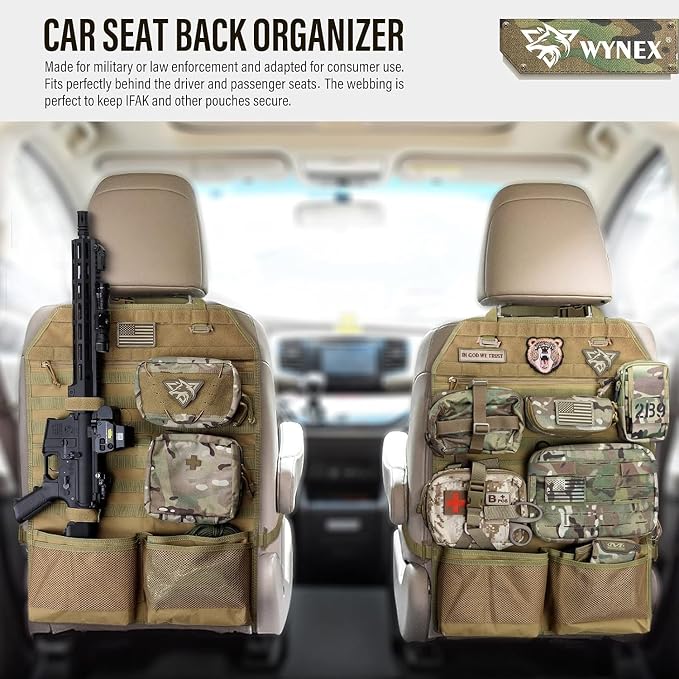 WYNEX Molle Seat Back Car Organizer Fit Most Car F150 Jeeps Pickups Trucks | 26.4x16.1" Backseat Storage Cover, Truck Seat Back Protector, Sling Rack, Visual Pocket & Wolf Patch for Road Trips