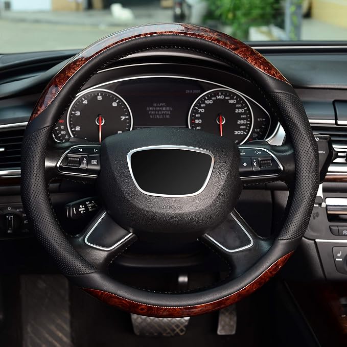 KAFEEK Small Size 14 inch Wood Grain Steering Wheel Cover, Black Microfiber Leather, Compatible for Prius Civic 14-14.25 inch Steering Wheel