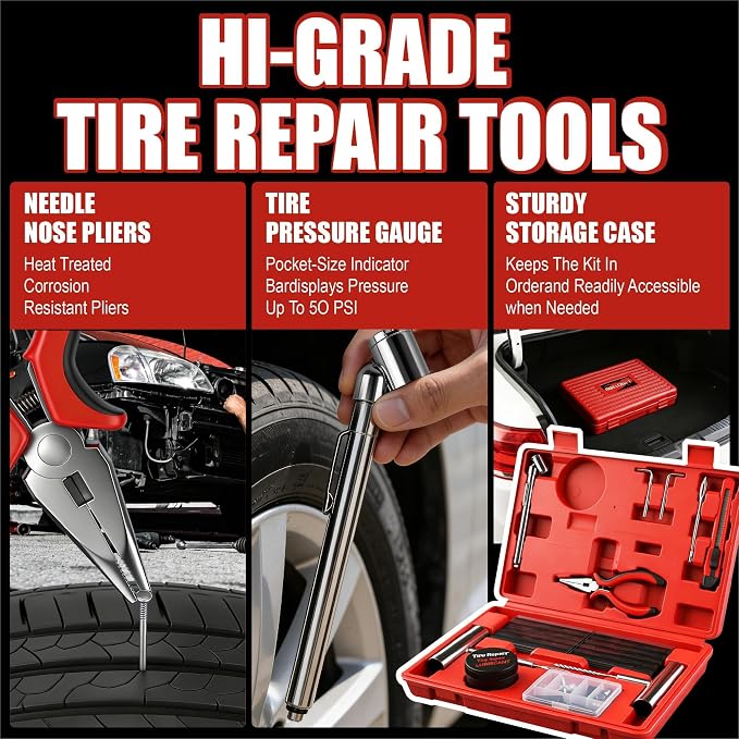 AWELCRAFT 68-Piece All-in-One Heavy Duty Tire Plug Kit – Professional Tire Repair Set, T-Handle Tools, Valve Kit, 40 Plugs, Pliers, Knife – Universal for Car