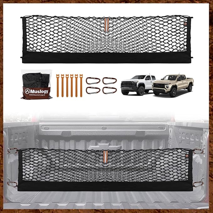 Muslogy Truck Bed Cargo Net Trunk Netting Compatible with Chevrolet Colorado & GMC Canyon 2026 2025 2024 2023 Accessories, Pickup Cargo Organizer SUV Sedan Storage Net w/Heavy Duty Carabiners