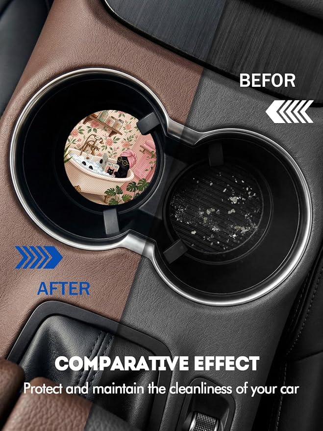 WOCOCN Car Coasters for Cup Holders - 2 Pack 2.75" Universal Rubber Car Cup Coaster, Non-Slip Waterproof Car Interior Accessories, Cute Car Decor Gifts for Women and Men (Bathing Cat)